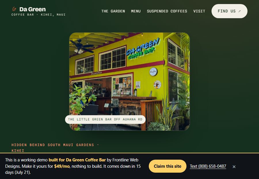 Da Green Coffee Bar website by Frontline Web Designs