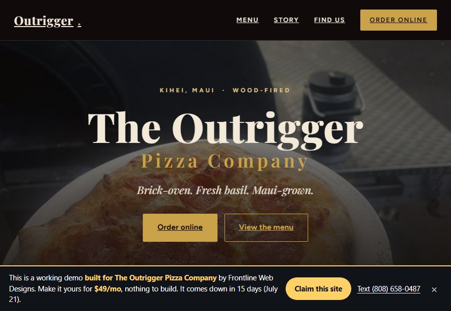 The Outrigger Pizza Company website by Frontline Web Designs